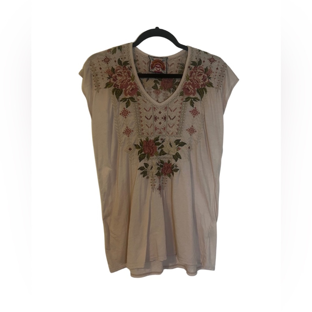 Johnny Was pink embroidered short sleeve V-neck top